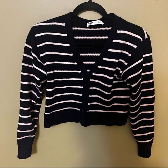zara navy and white stripped button up v neck sweater size small - Picture 1 of 3